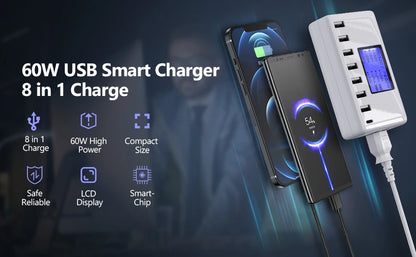 USB Charging Station 8-Ports 60W 12A Multi USB C Hub Charger with LCD Display for Cellphone  Tablet Multiple Devices iPhone 14 8