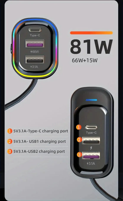 81W Fast Car Charger 6-Port Expansion Simultaneous Front and Rear Charging Type-C 2-USB 1.5m Extension Cable Anti-Slip Clamp
