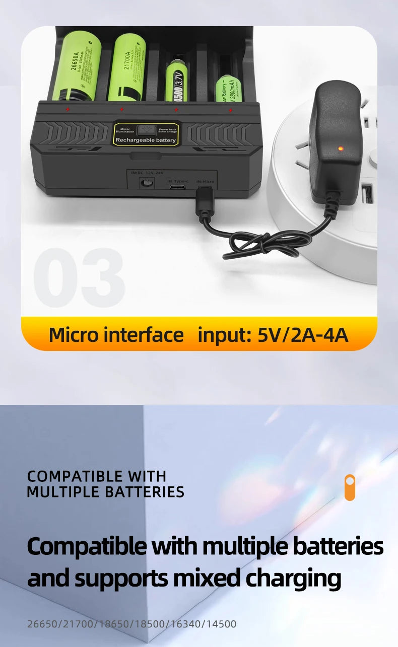 Solar Power Generation Solar Lithium Battery Smart Charger Type-C USB Four-Slot for 3.7V 18650/26650/21700/14500 Batteries