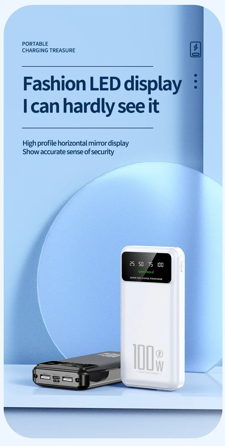 New Portable 100W Super Fast Charging Power Bank 30000mAh Large Capacity with LED Ligh Digital Display for IPhone Xiaomi Huawei