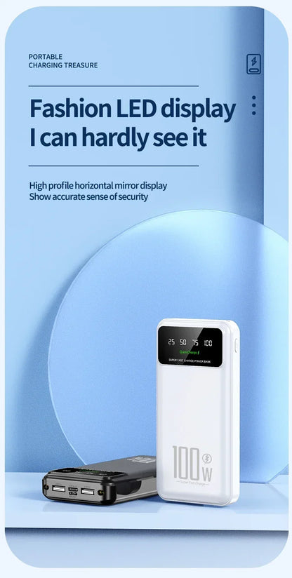 New Portable 100W Super Fast Charging Power Bank 30000mAh Large Capacity with LED Ligh Digital Display for IPhone Xiaomi Huawei