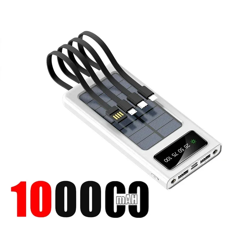 Solar Power Bank 200000mAh Large Capacity Super Fast Charging Digital Display 4 Cables External Battery For Xiaomi Huawei iphone