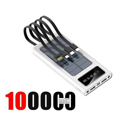 Solar Power Bank 200000mAh Large Capacity Super Fast Charging Digital Display 4 Cables External Battery For Xiaomi Huawei iphone