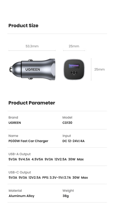 UGREEN Car Charger Type C Fast USB Charger for iPhone 15 14 13 Xiaomi Car Charging Quick 4.0 3.0 Charge Mobile Phone PD Charger