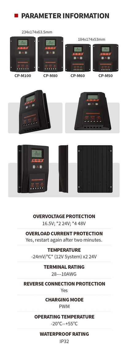 Solar Charger Controller 100A 80A 60A Solar Panel Regulator LCD Display Various Load Control Modes Support GEL Li-ion