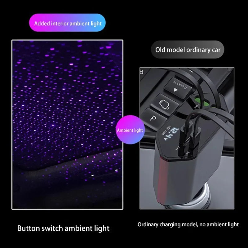 Car Charger Super Fast Charger 120W Retractable Cable Purple Starry