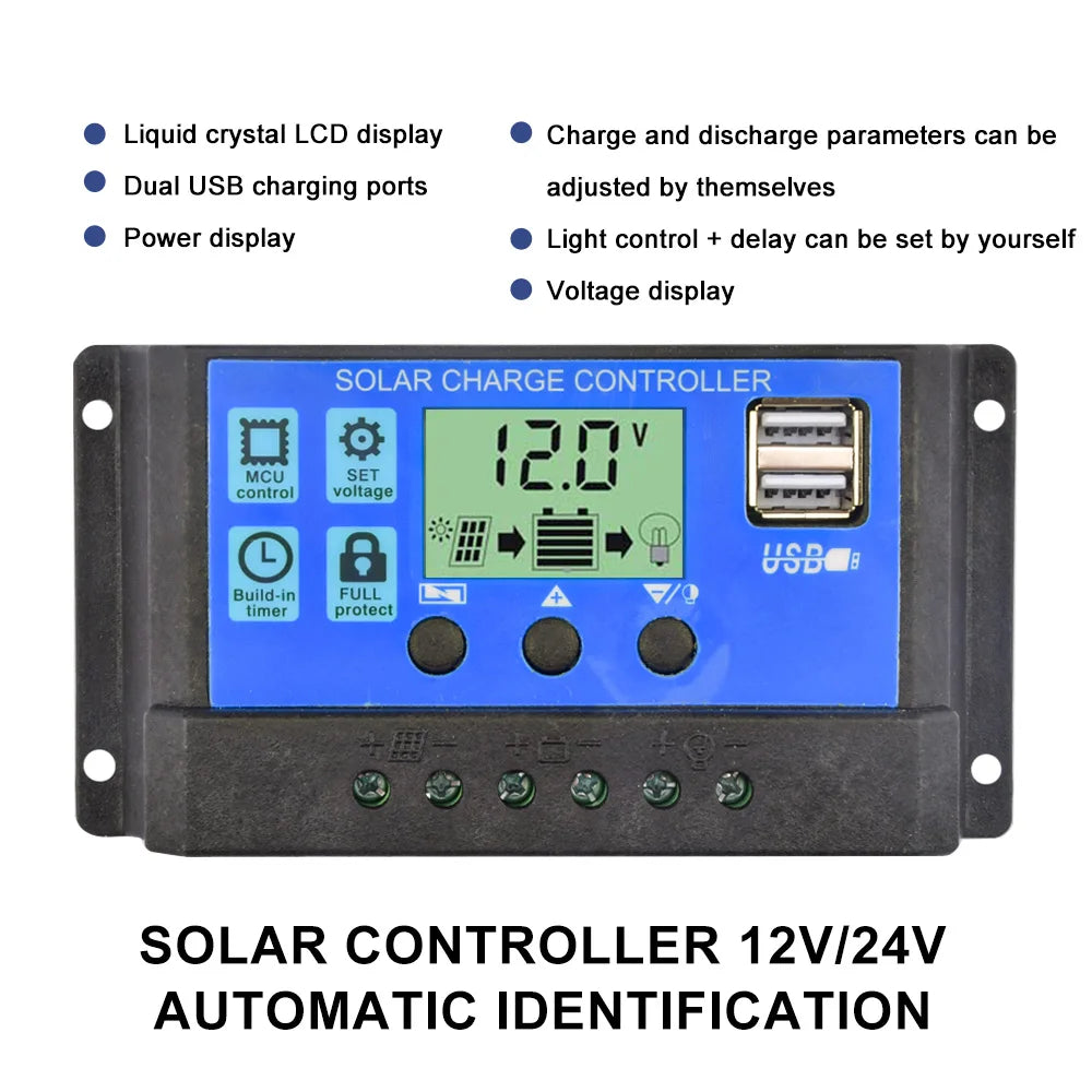 Solar Charge Controller 12V 24V PWM 10A 20A 30A Solar Panel Battery Regulator LCD Display Dual USB Output