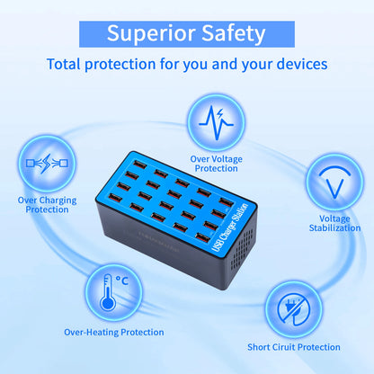 USB Charging Station 100W 20-Port Multi Device USB C Charger Features Charging Station for Multiple Devices Phone Watch Pad  A5+