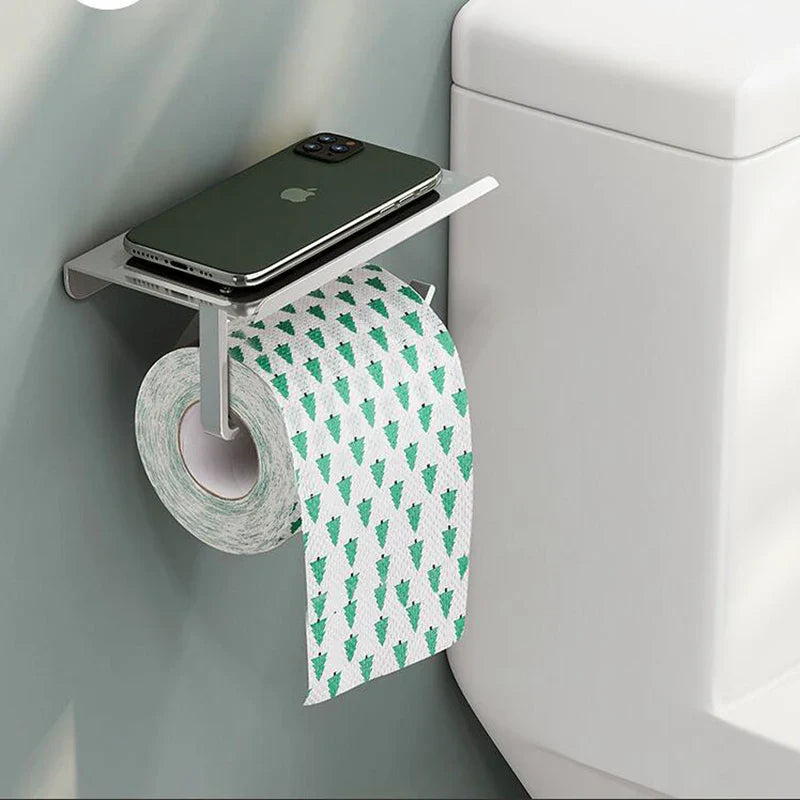 Aluminum Alloy Wall-Mounted Toilet Paper Holder with Shelf - Smallenterprised 