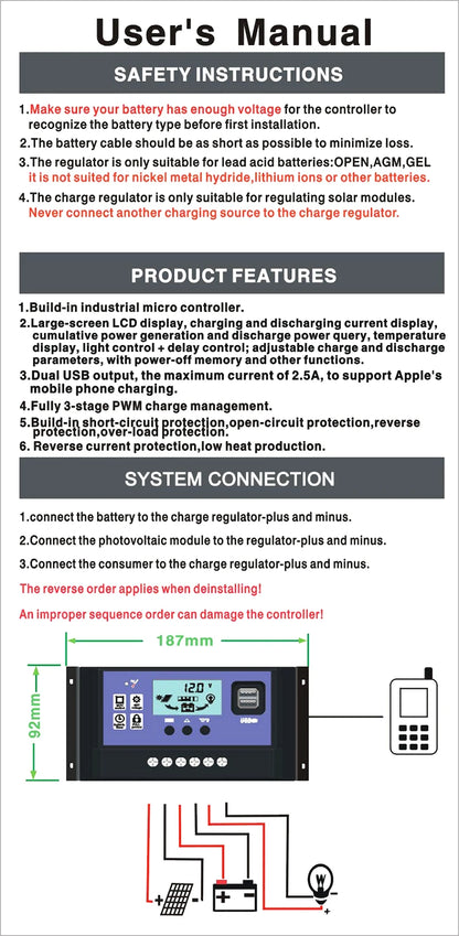 Solar Charge Controller 12V 24V PWM 10A 20A 30A Solar Panel Battery Regulator LCD Display Dual USB Output