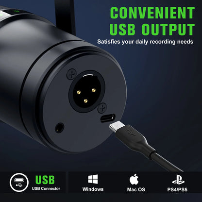Dynamic Microphone for Podcasts Games Live Broadcast USB/XLR Touch Screen Control Sound Insulation Built-in Headset Output