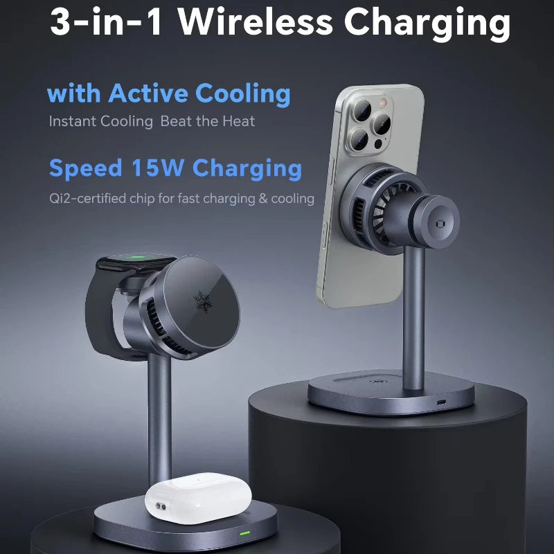 Fast Cooling Wireless Charger, 3-in-1 High-speed QI2 15W Wireless Magnetic Charger, Suitable for IPhone, IWatch and Airpods