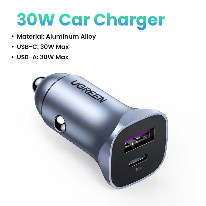 UGREEN Car Charger Type C Fast USB Charger for iPhone 15 14 13 Xiaomi Car Charging Quick 4.0 3.0 Charge Mobile Phone PD Charger