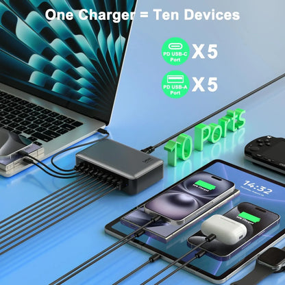 New 540W 10-port fast charging station type-c charger Multi-port USB mobile phone charger Convenient charger Home Office Travel