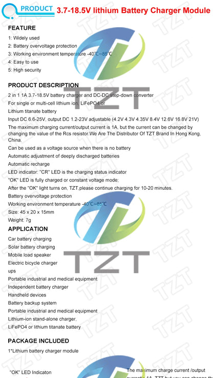 TZT DD28CRTA 1A 3.7-18.5V Charging Board For Lithium Batteries Or Lithium Battery Packs Battery Charger Module