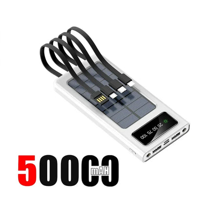 Solar Power Bank 200000mAh Large Capacity Super Fast Charging Digital Display 4 Cables External Battery For Xiaomi Huawei iphone