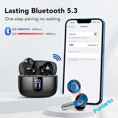 Wireless Earphones with Bluetooth 5.3, Quad-Mic Call Noise Reduction ENC, 50H Playtimes Wireless Earbuds Bluetooth Headphones