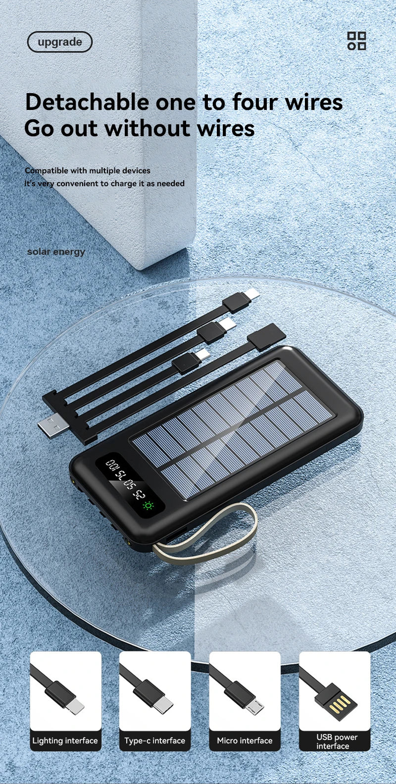 Solar Power Bank 50000mAh Large Capacity Mobile Power Fast Charging Battery Dual Usb 4 Cables LED Digital Display For IPhone