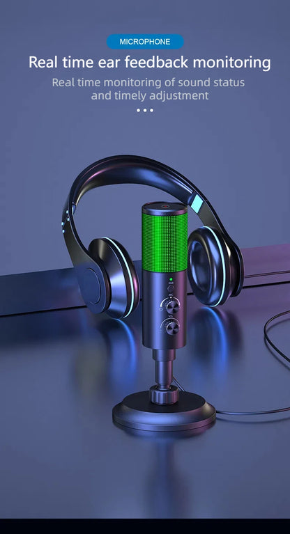 Gaming USB Microphone,Noise Cancellation Condenser mic,RGB Microphone with Mute,Gain,Monitoring,Boom Arm,Pop Filter for Phone,PC