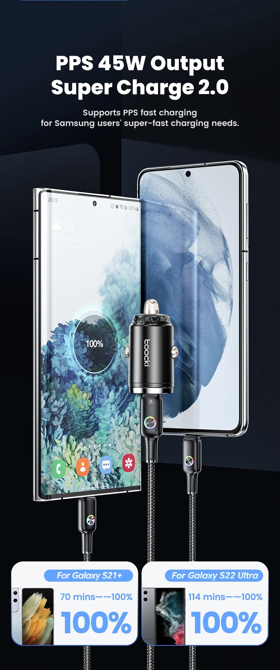 45W Dual USB A Type C Car Charger Metal Auto PD Charger Adapter Fast Charging USB C Charger For CellPhone in Car For iPhone 13