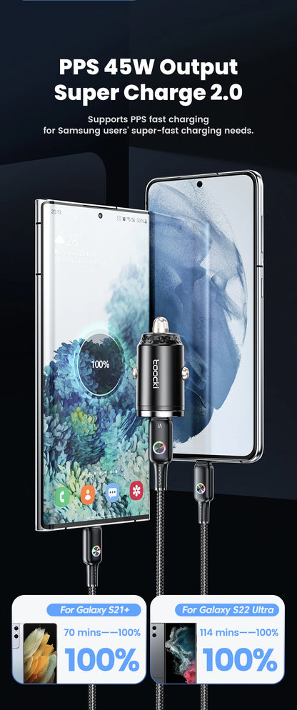 45W Dual USB A Type C Car Charger Metal Auto PD Charger Adapter Fast Charging USB C Charger For CellPhone in Car For iPhone 13