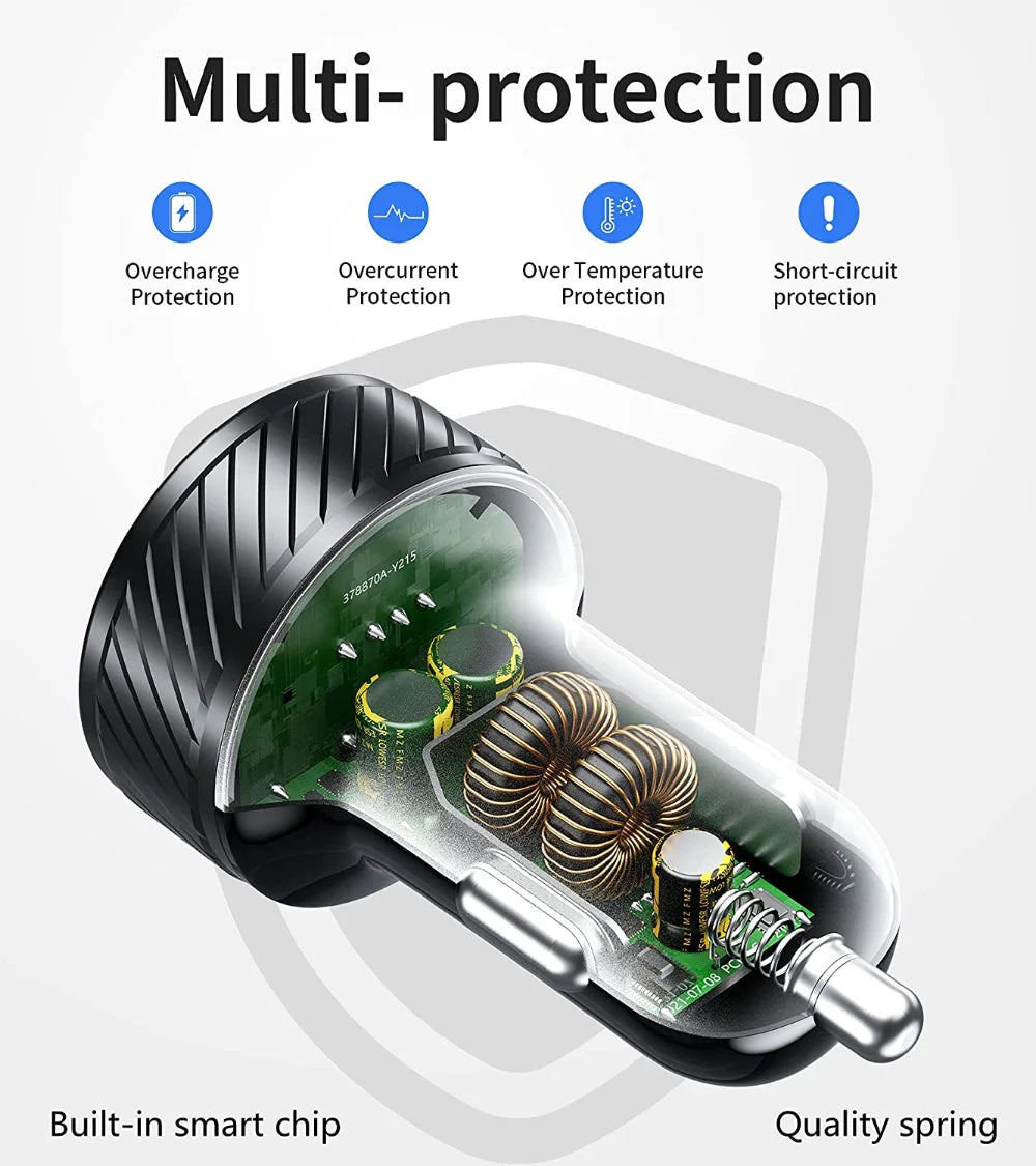 Car Charger 36W Fast Car Charger Adapter QC3.0 Dual USB Car Charger Fast Charge with Colorful Voltmeter ON/Off Switch For iPhone