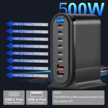 500W 8-Port Desktop Charger Station PD 100W and QC 20W Fast Charging Hub for Cellphones, for iphone, for MacBook LED Indicator