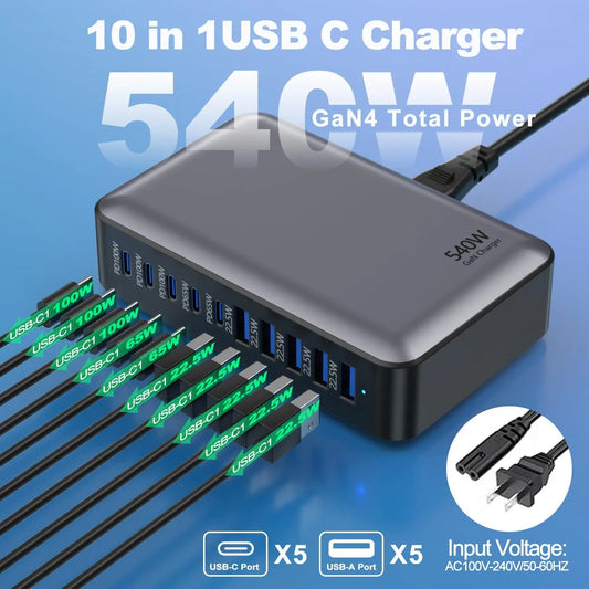New 540W 10-port fast charging station type-c charger Multi-port USB mobile phone charger Convenient charger Home Office Travel