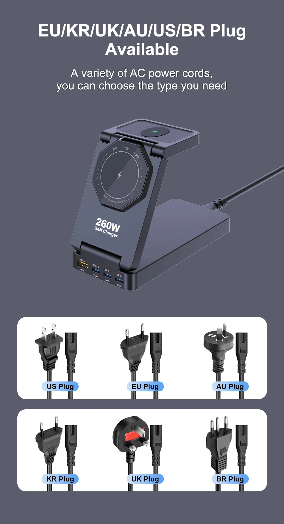 7-in-1 Charging Station 260W GaN Fast USB C Desktop Charger 15W Magnetic Wireless Charger for iPhone 16/15 Pro Max MacBook Pro