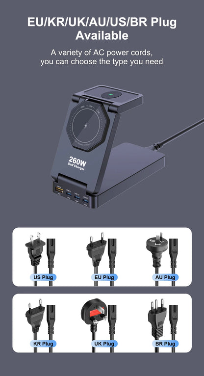 7-in-1 Charging Station 260W GaN Fast USB C Desktop Charger 15W Magnetic Wireless Charger for iPhone 16/15 Pro Max MacBook Pro