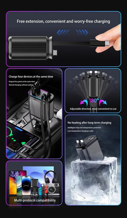 Car Charger Super Fast Charger 120W Retractable Cable Purple Starry