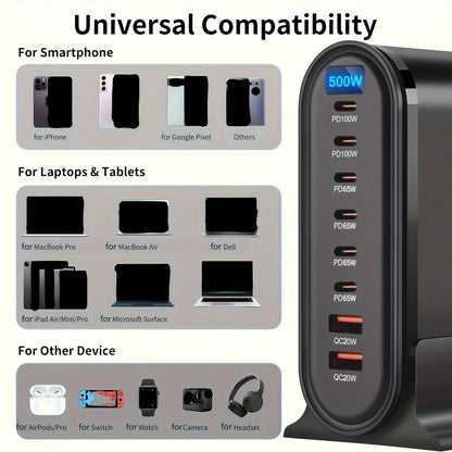 500W 8-Port Desktop Charger Station PD 100W and QC 20W Fast Charging Hub for Cellphones, for iphone, for MacBook LED Indicator