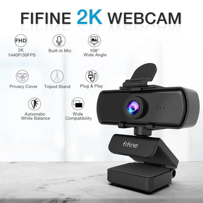 FIFINE 1440p Full HD PC Webcam with Microphone, tripod, for USB Desktop & Laptop,Live Streaming Webcam for Video Calling-K420 - Small Enterprise