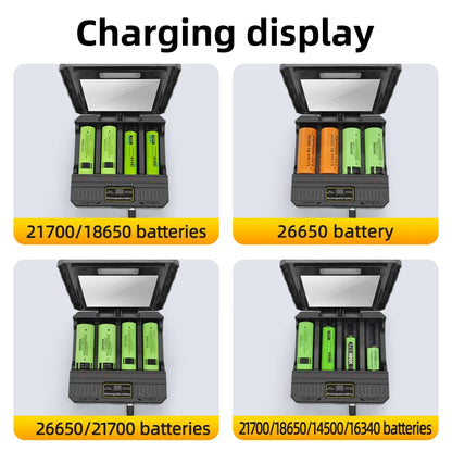 Solar Power Generation Solar Lithium Battery Smart Charger Type-C USB Four-Slot for 3.7V 18650/26650/21700/14500 Batteries