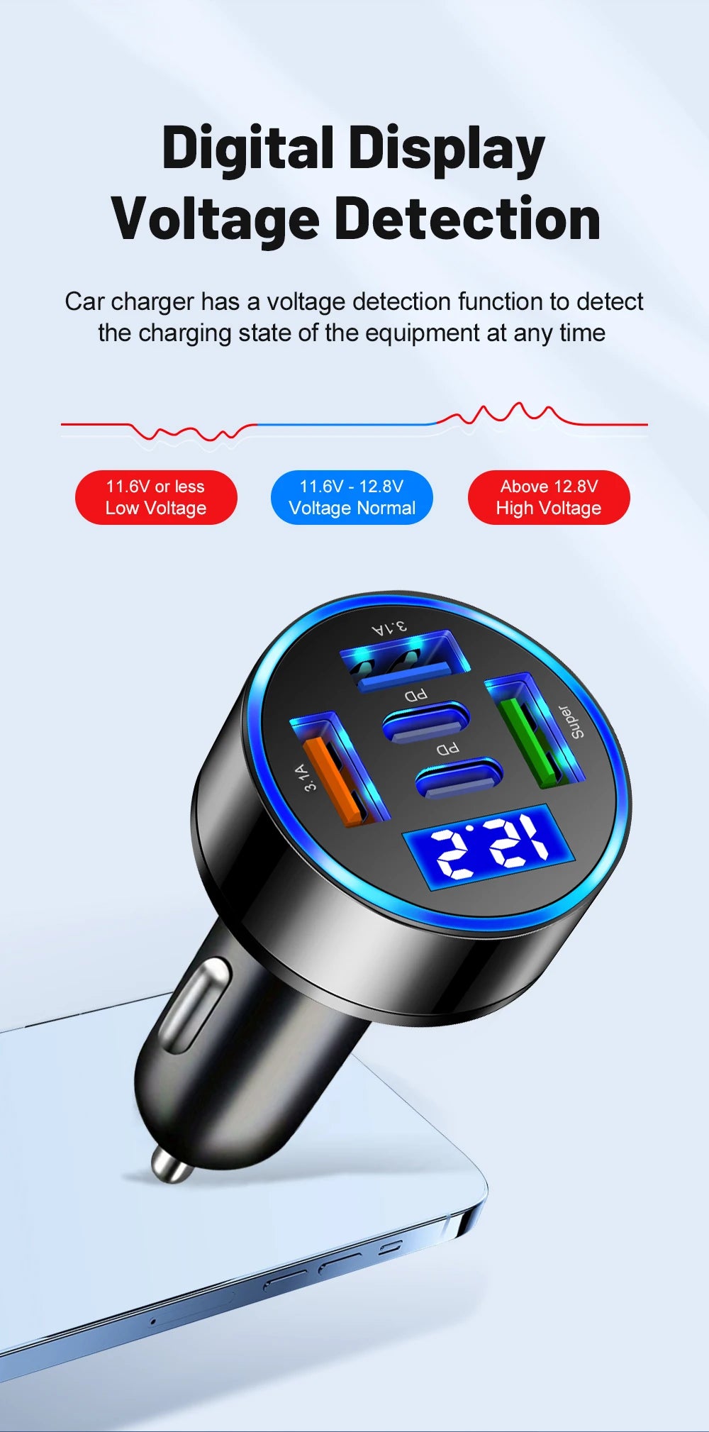 Car Charger 100W Support Super Fast Charging 5 in 1 Multi-port Voltage Car with Vehicle Digital Display Mobile Car Phone Adapter