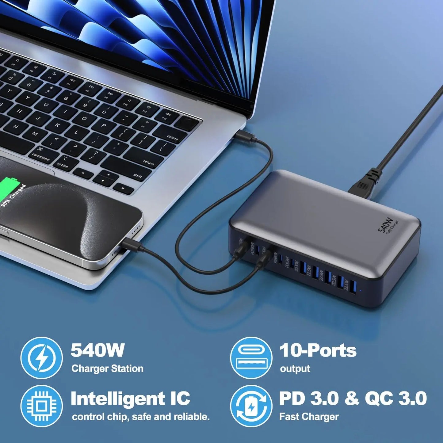 New 540W 10-port fast charging station type-c charger Multi-port USB mobile phone charger Convenient charger Home Office Travel