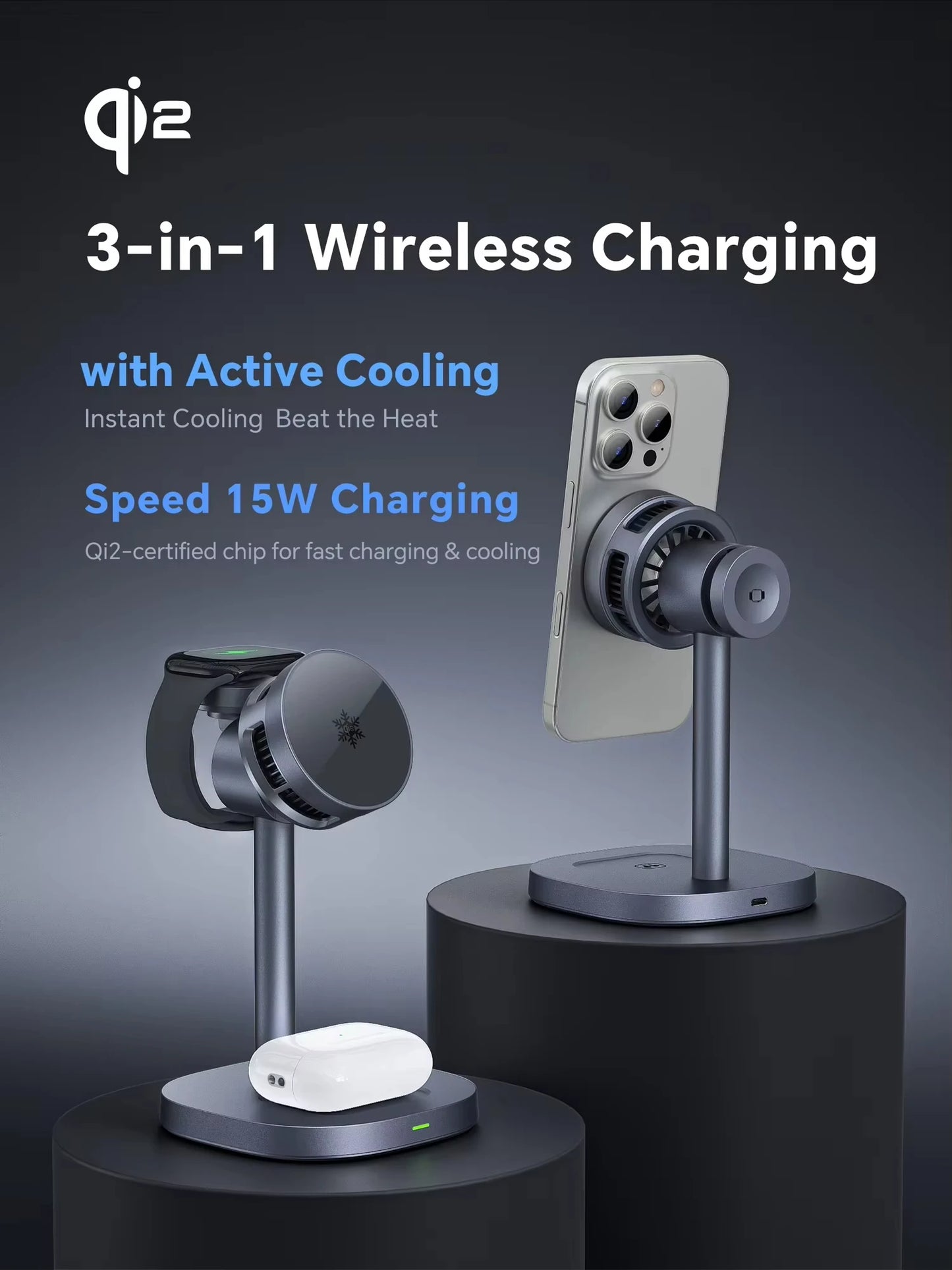 Fast Cooling Wireless Charger, 3-in-1 High-speed QI2 15W Wireless Magnetic Charger, Suitable for IPhone, IWatch and Airpods