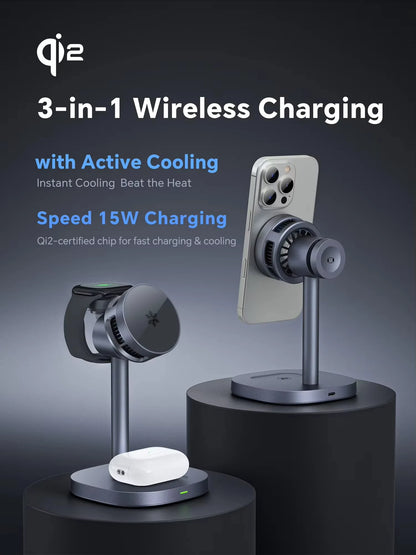 Fast Cooling Wireless Charger, 3-in-1 High-speed QI2 15W Wireless Magnetic Charger, Suitable for IPhone, IWatch and Airpods