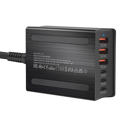 USB-C Fast Charning 200W 6-Port Charging Station Hub 3C3A PD Charger for Phones and Tablets, Portable Design