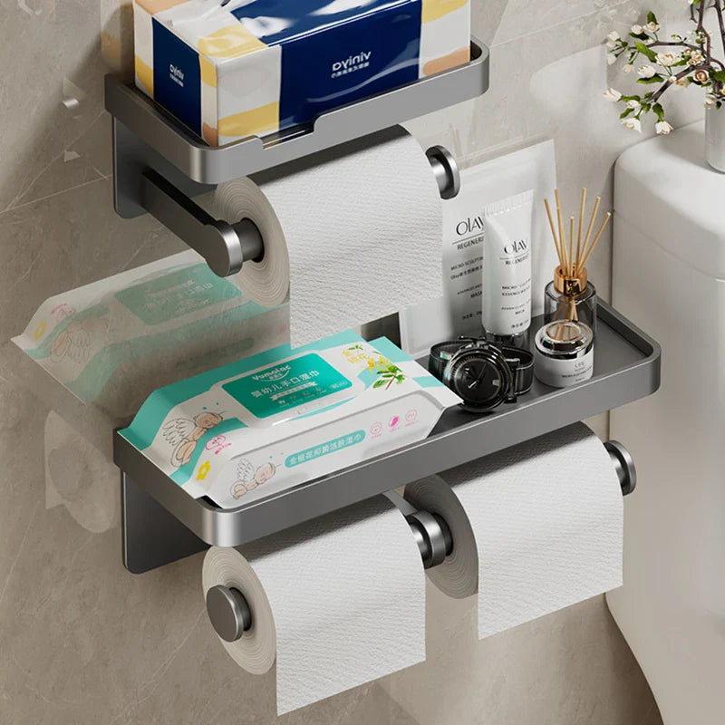Aluminum Alloy Wall-Mounted Toilet Paper Holder with Shelf - Smallenterprised 