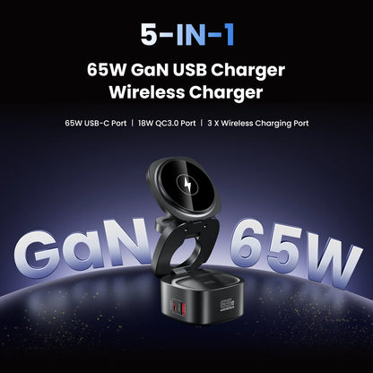 65W GaN USB Type C Wireless Charger Station 5 In 1 USB C PD3 0 QC3 0 For Mackook iPad iPhone 16 AirPods iWatch Wireless Charger
