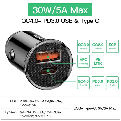 Baseus USB Car Charger Quick Charge 4.0 QC4.0 QC3.0 PPS SCP 5A PD Type C 30W Fast Car USB Charger For iPhone Xiaomi Mobile Phone