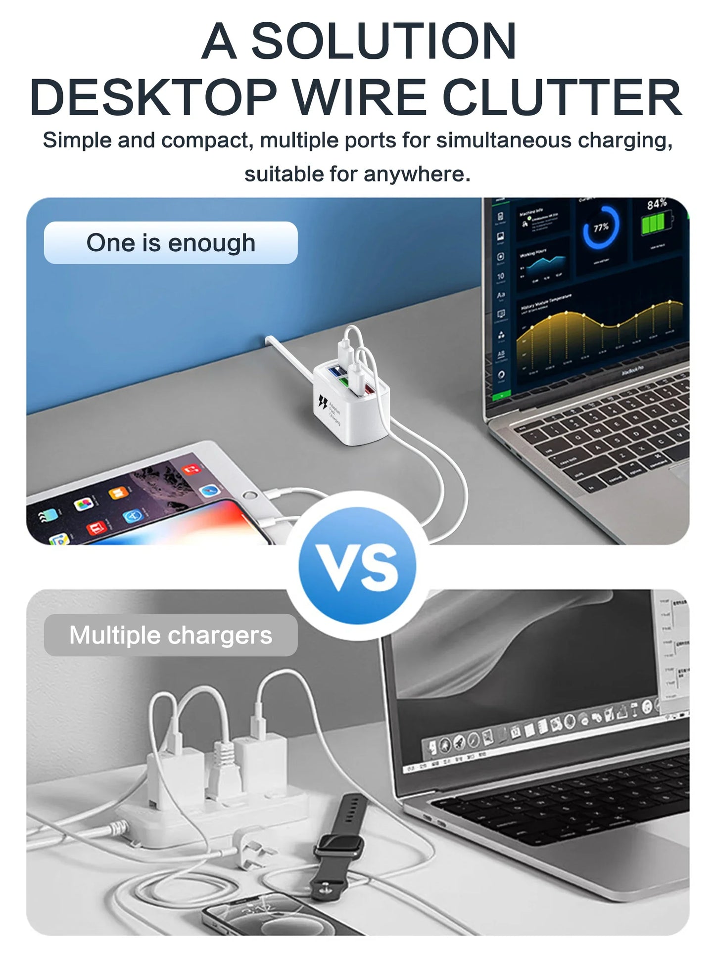 Fast USB Charger 6 in 1 Power Strip Desktop Charging Station Fast Charging 1m Cord USB HUB Adapter Socket for iPhone 16 Home