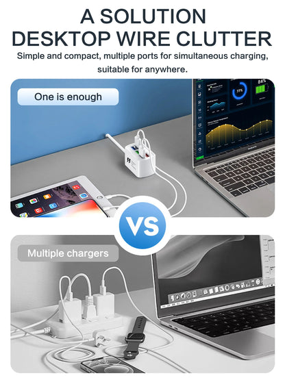 Fast USB Charger 6 in 1 Power Strip Desktop Charging Station Fast Charging 1m Cord USB HUB Adapter Socket for iPhone 16 Home