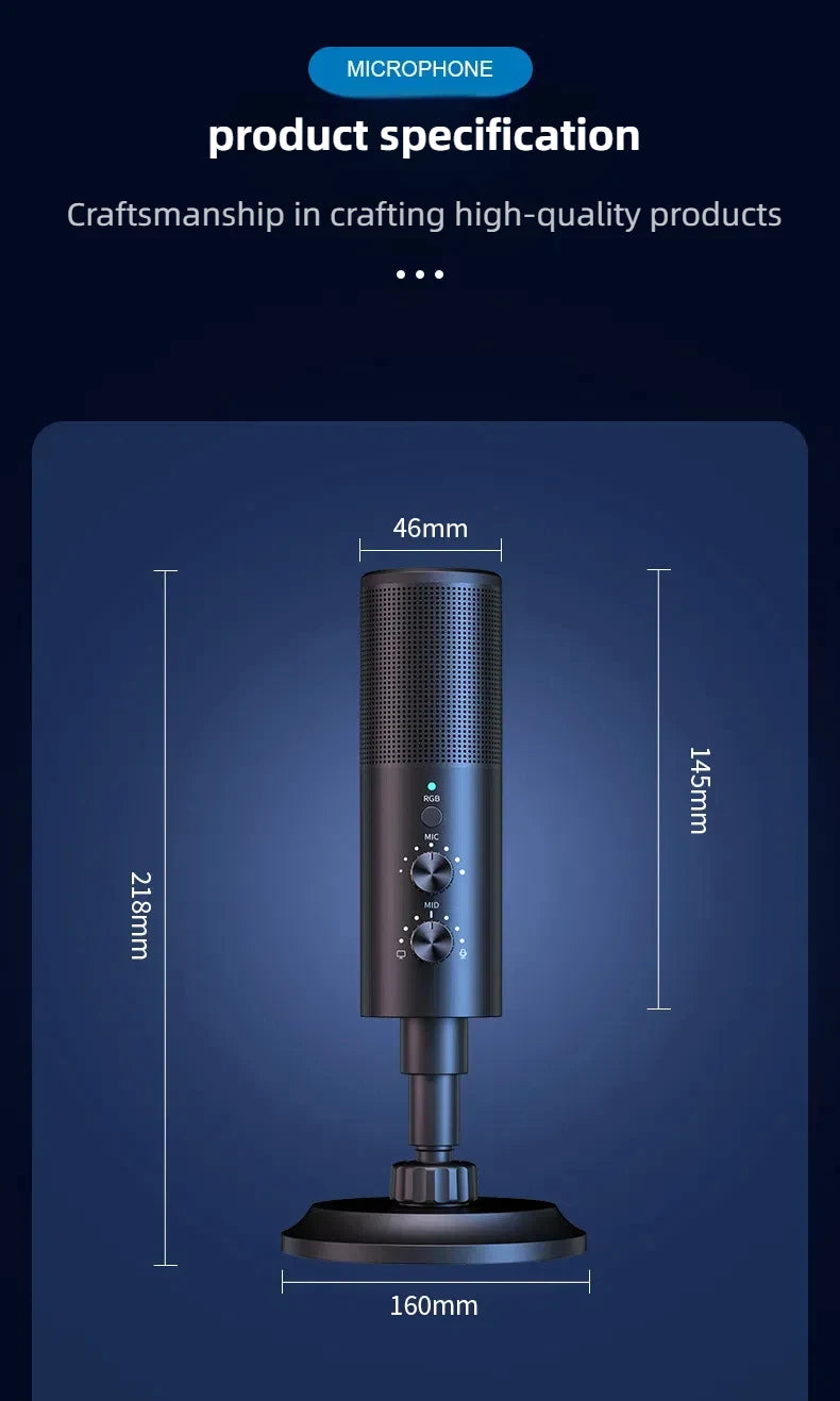 Gaming USB Microphone,Noise Cancellation Condenser mic,RGB Microphone with Mute,Gain,Monitoring,Boom Arm,Pop Filter for Phone,PC