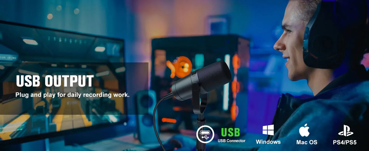 Dynamic Microphone for Podcasts Games Live Broadcast USB/XLR Touch Screen Control Sound Insulation Built-in Headset Output