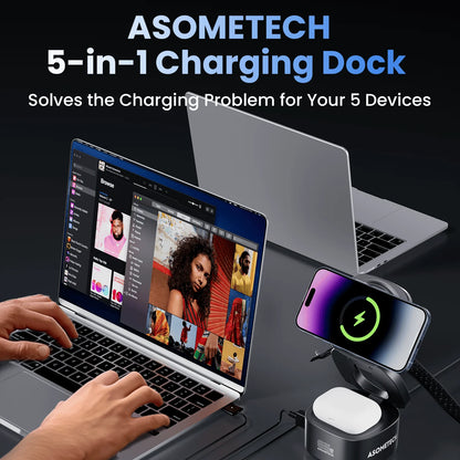 65W GaN USB Type C Wireless Charger Station 5 In 1 USB C PD3 0 QC3 0 For Mackook iPad iPhone 16 AirPods iWatch Wireless Charger