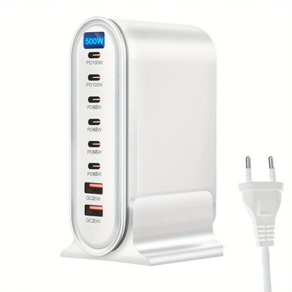 500W 8-Port Desktop Charger Station PD 100W and QC 20W Fast Charging Hub for Cellphones, for iphone, for MacBook LED Indicator