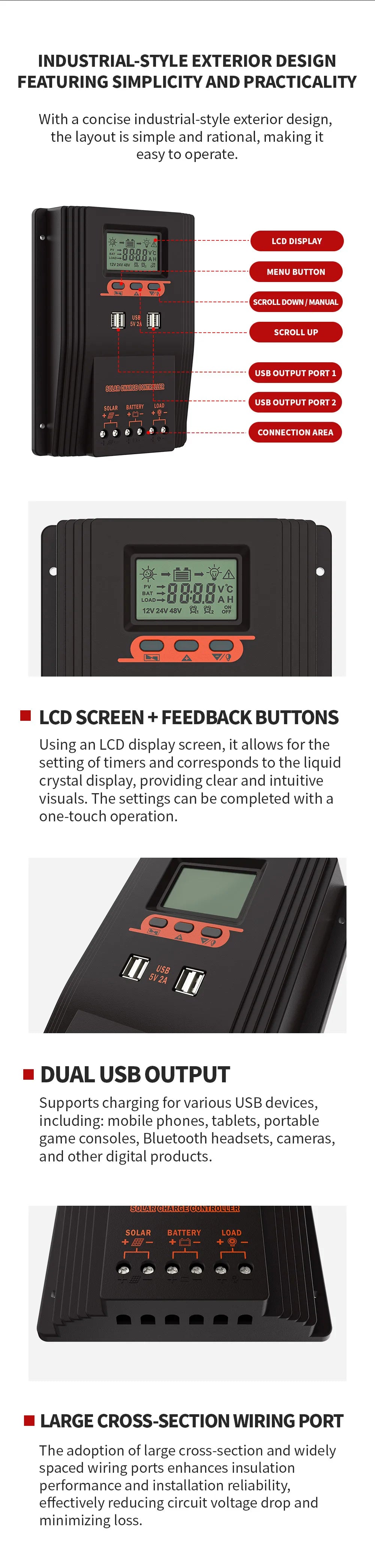 Solar Charger Controller 100A 80A 60A Solar Panel Regulator LCD Display Various Load Control Modes Support GEL Li-ion