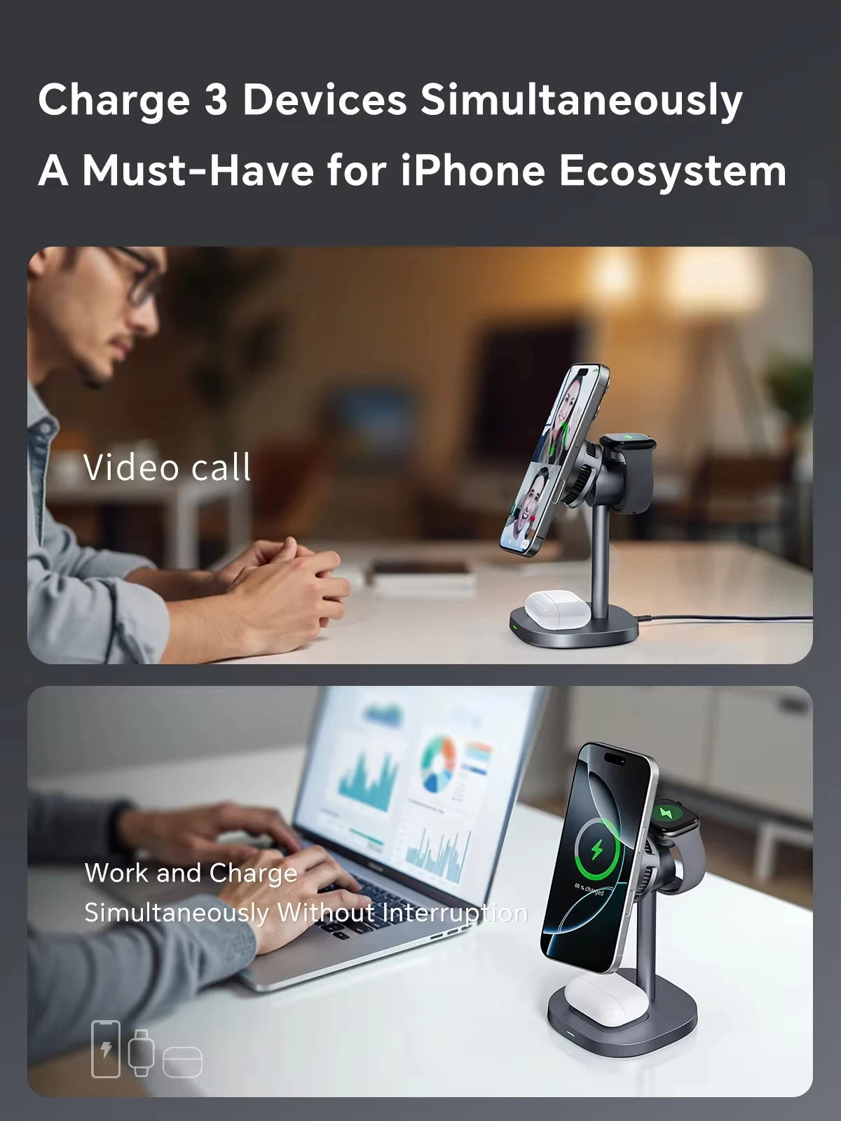 Fast Cooling Wireless Charger, 3-in-1 High-speed QI2 15W Wireless Magnetic Charger, Suitable for IPhone, IWatch and Airpods